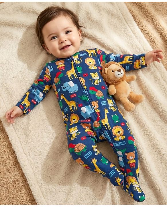 Babyhug Cotton Knit Full Sleeves Footed Sleepsuit With Animal Print - Navy Blue