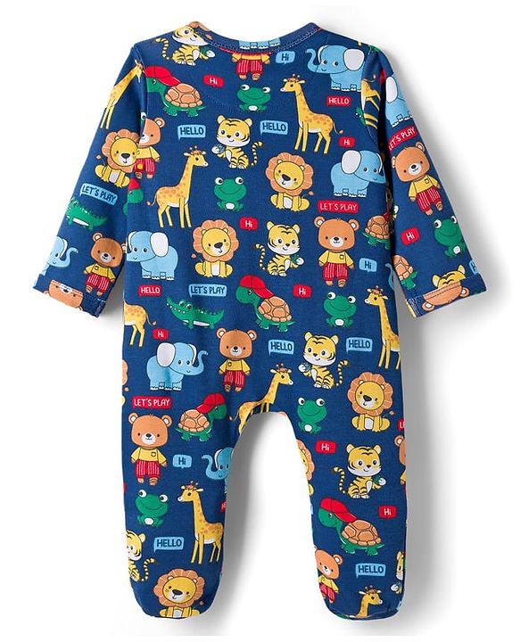 Babyhug Cotton Knit Full Sleeves Footed Sleepsuit With Animal Print - Navy Blue