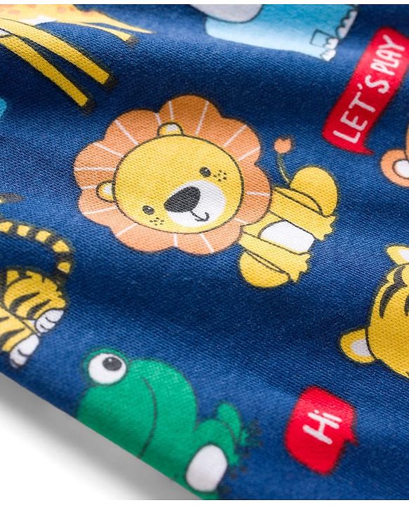Babyhug Cotton Knit Full Sleeves Footed Sleepsuit With Animal Print - Navy Blue