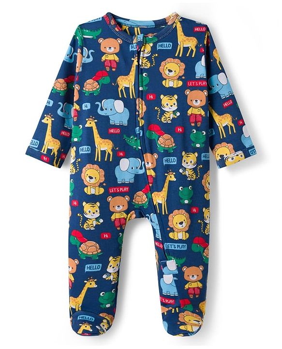 Babyhug Cotton Knit Full Sleeves Footed Sleepsuit With Animal Print - Navy Blue