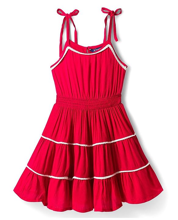 Pine Kids Crinkled Crepe Woven Sleeveless Solid Colour Frock - Maroon