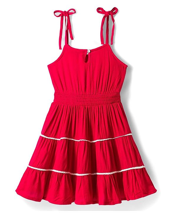 Pine Kids Crinkled Crepe Woven Sleeveless Solid Colour Frock - Maroon