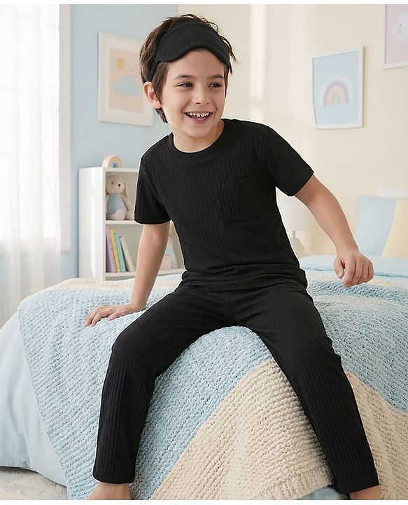 Pine Kids Drop Needle  Half Sleeves Solid Colour Co-ords Night Suit - Navy Blue