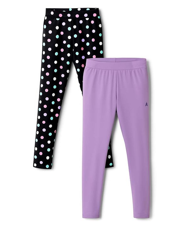 Pine Kids Cotton Lycra Knit Full Length Leggings With Polka Dot Print Pack Of 2 - Purple & Black