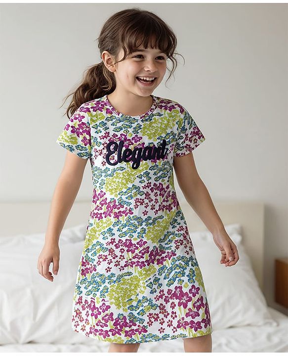 Pine Kids Single Jersey Knit Half Sleeves Nighty With Floral Print - White