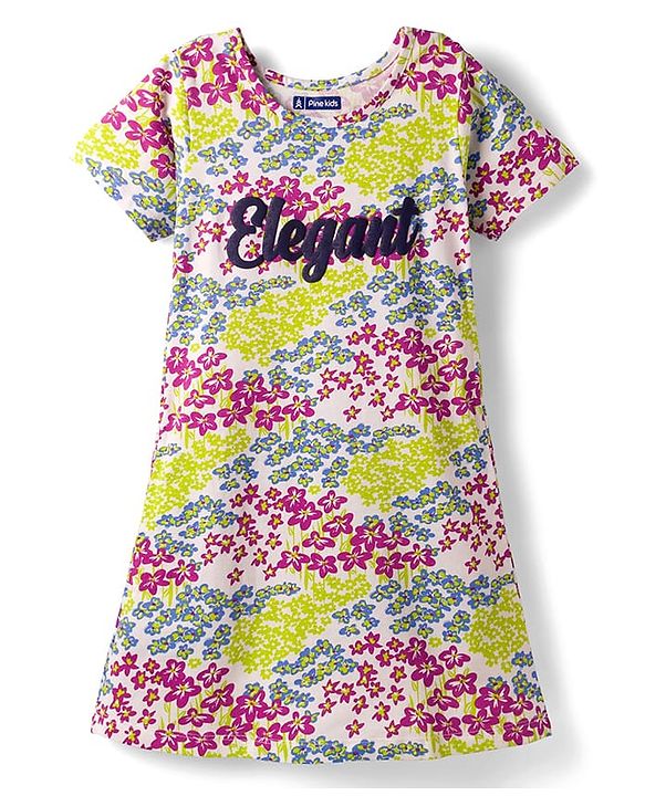 Pine Kids Single Jersey Knit Half Sleeves Nighty With Floral Print - White