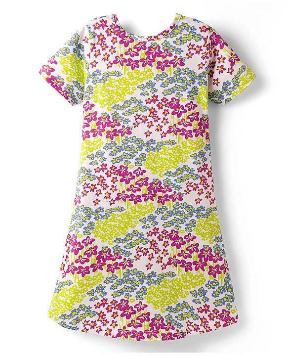 Pine Kids Single Jersey Knit Half Sleeves Nighty With Floral Print - White