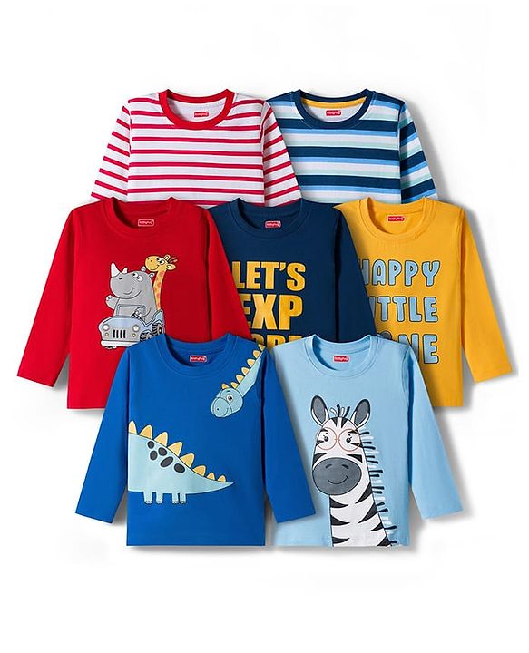 Babyhug 100 % Cotton Single Jersey Knit Full Sleeves T-Shirt With Dino Print Pack Of 7 - Multicolour
