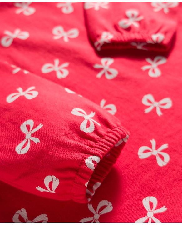 Babyhug Cotton Knit Full Sleeves Nighty With Bow Print - Red