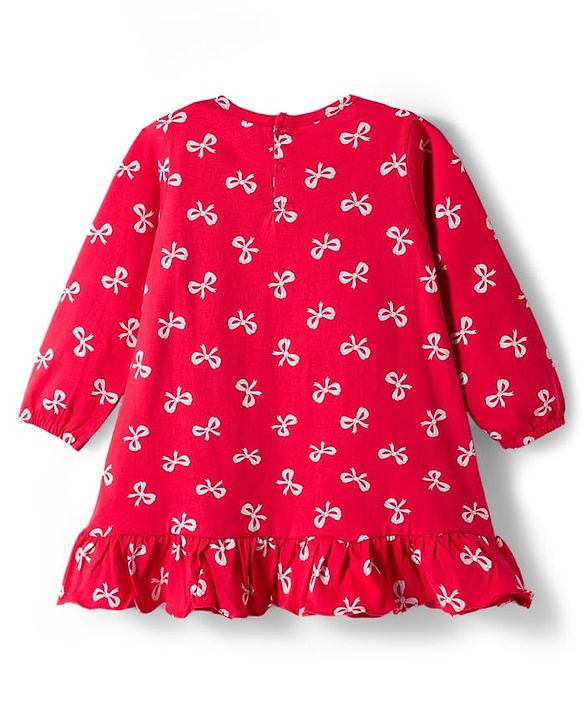 Babyhug Cotton Knit Full Sleeves Nighty With Bow Print - Red