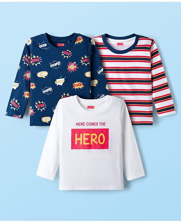 Babyhug 100% Cotton Full Sleeves T-Shirt With Text Print Pack Of 3 - White Navy Blue & Red