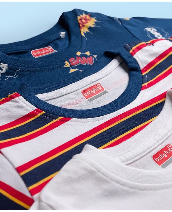 Babyhug 100% Cotton Full Sleeves T-Shirt With Text Print Pack Of 3 - White Navy Blue & Red