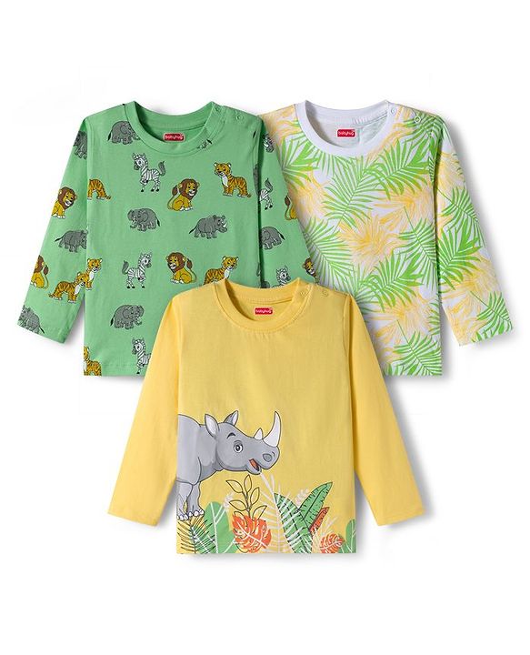 Babyhug 100% Cotton Single Jersey Knit Full Sleeves T-Shirt With Animal Print Pack Of 3 - Yellow Light Green & White