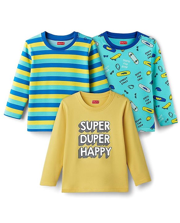 Babyhug 100% Cotton Knit Full Sleeves Striped & Printed T-Shirts Pack of 3 - Multicolor