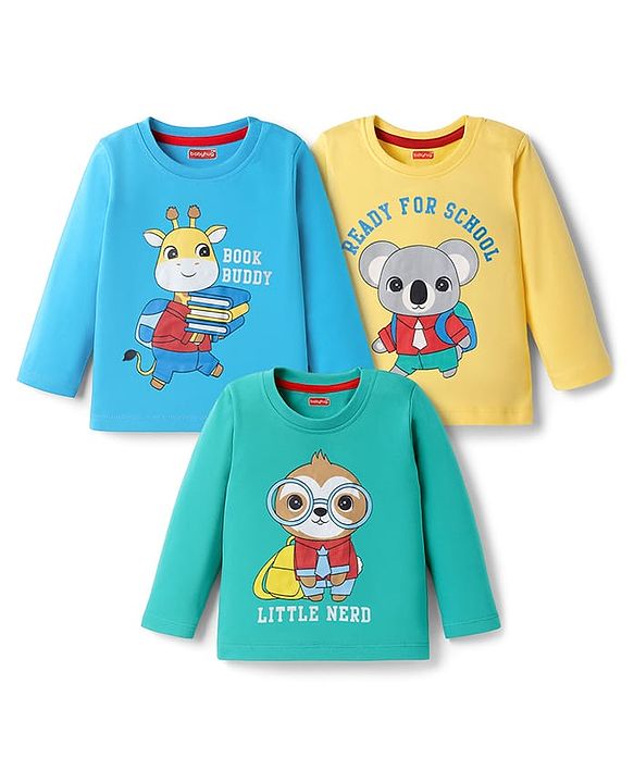 Babyhug 100% Cotton Single Jersey Knit T-Shirt With Animal Print Pack Of 3 - Light Blue Aqua & Yellow
