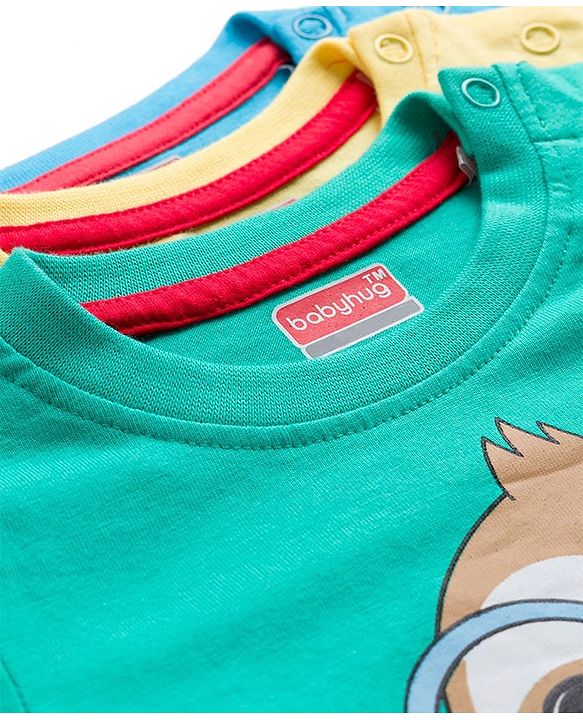Babyhug 100% Cotton Single Jersey Knit T-Shirt With Animal Print Pack Of 3 - Light Blue Aqua & Yellow