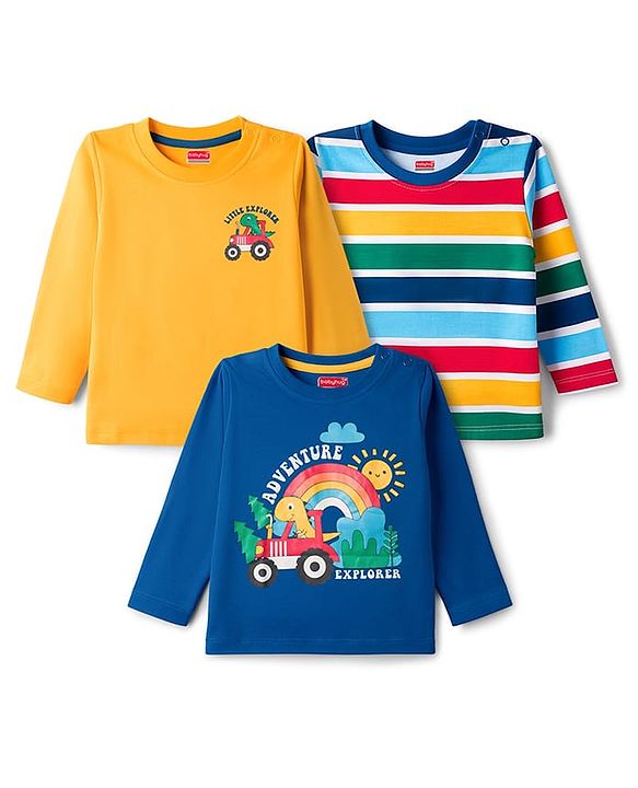 Babyhug 100% Cotton Knit Full Sleeves Striped & Dino Printed T-Shirts Pack of 3 - Navy Blue & Yellow
