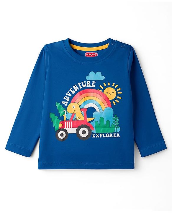 Babyhug 100% Cotton Knit Full Sleeves Striped & Dino Printed T-Shirts Pack of 3 - Navy Blue & Yellow