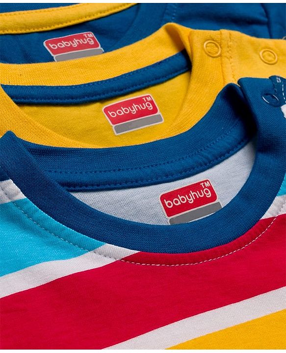Babyhug 100% Cotton Knit Full Sleeves Striped & Dino Printed T-Shirts Pack of 3 - Navy Blue & Yellow