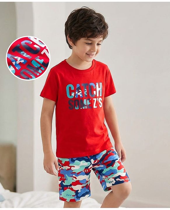 Pine Kids Single Jersey Knit Half Sleeves Shorts Night Suit With Camouflage Print - Red