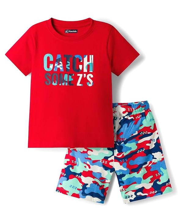 Pine Kids Single Jersey Knit Half Sleeves Shorts Night Suit With Camouflage Print - Red