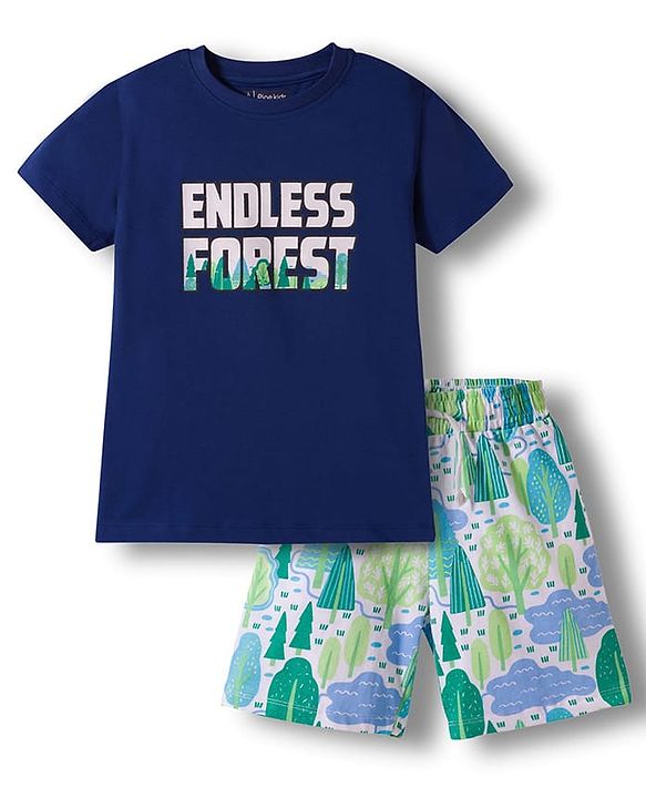 Pine Kids Single Jersey Knit Half Sleeves T-Shirt & Shorts Night Suit With Forest Print - Navy Blue