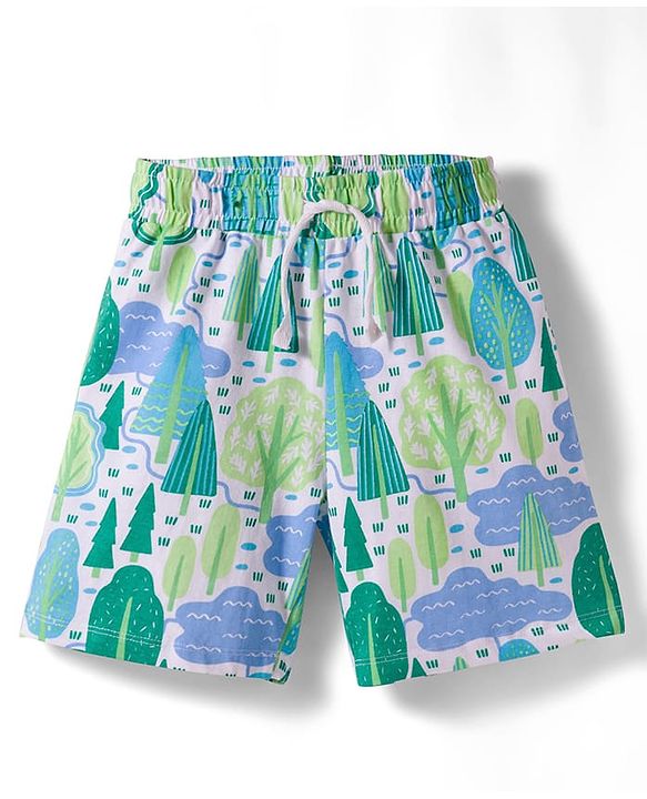 Pine Kids Single Jersey Knit Half Sleeves T-Shirt & Shorts Night Suit With Forest Print - Navy Blue