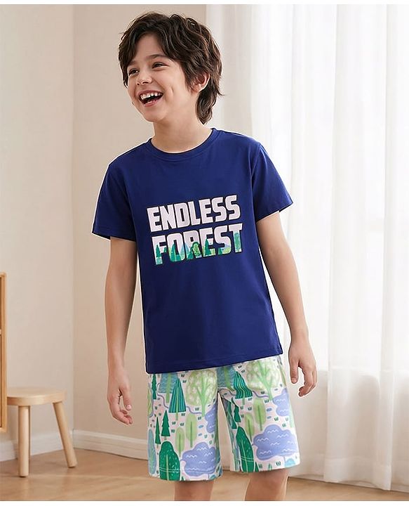 Pine Kids Single Jersey Knit Half Sleeves T-Shirt & Shorts Night Suit With Forest Print - Navy Blue