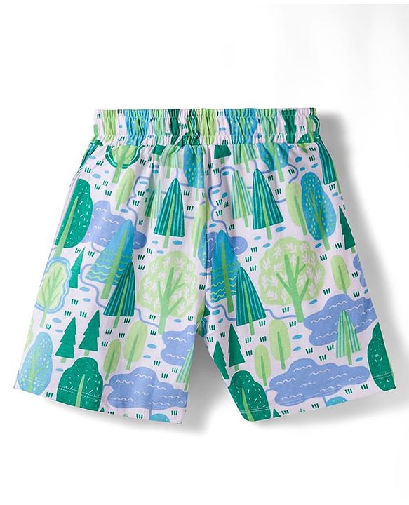 Pine Kids Single Jersey Knit Half Sleeves T-Shirt & Shorts Night Suit With Forest Print - Navy Blue