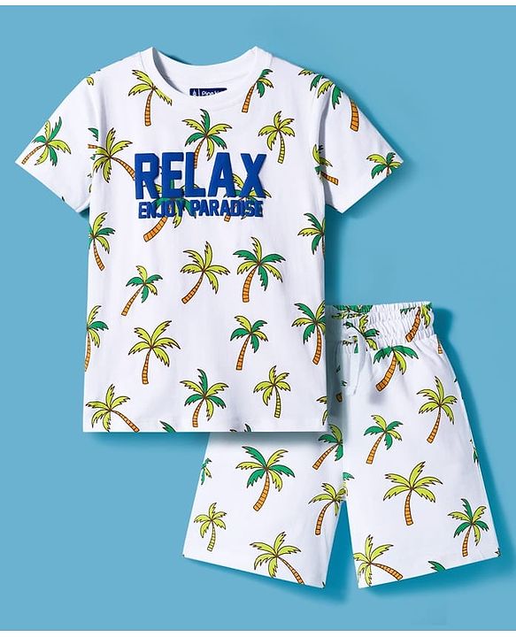 Pine Kids Single Jersey Knit Half Sleeves Shorts Night Suit With Text Print - White