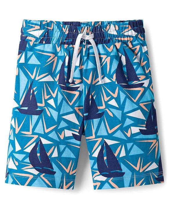 Pine Kids Single Jersey Knit Half Sleeves Shorts Night Suit With Boat Print - Blue