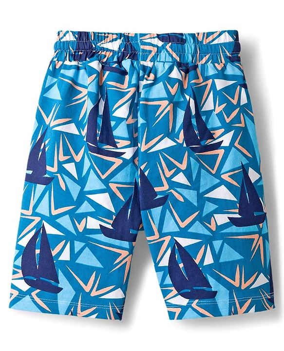 Pine Kids Single Jersey Knit Half Sleeves Shorts Night Suit With Boat Print - Blue