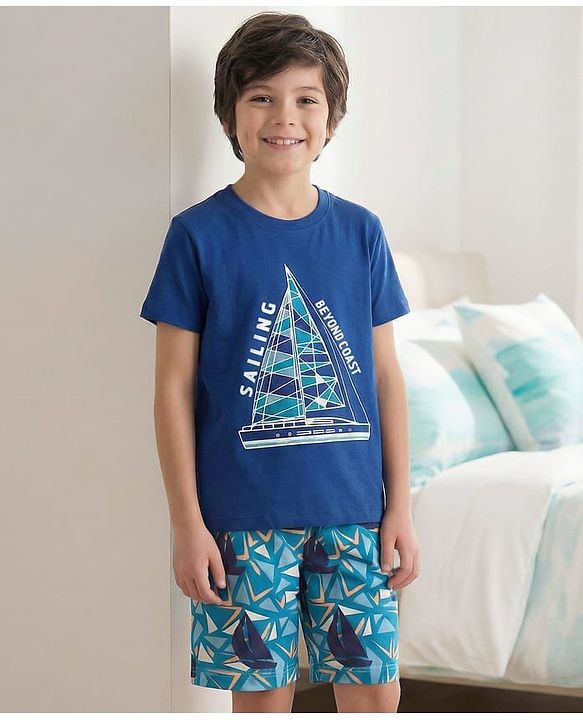 Pine Kids Single Jersey Knit Half Sleeves Shorts Night Suit With Boat Print - Blue