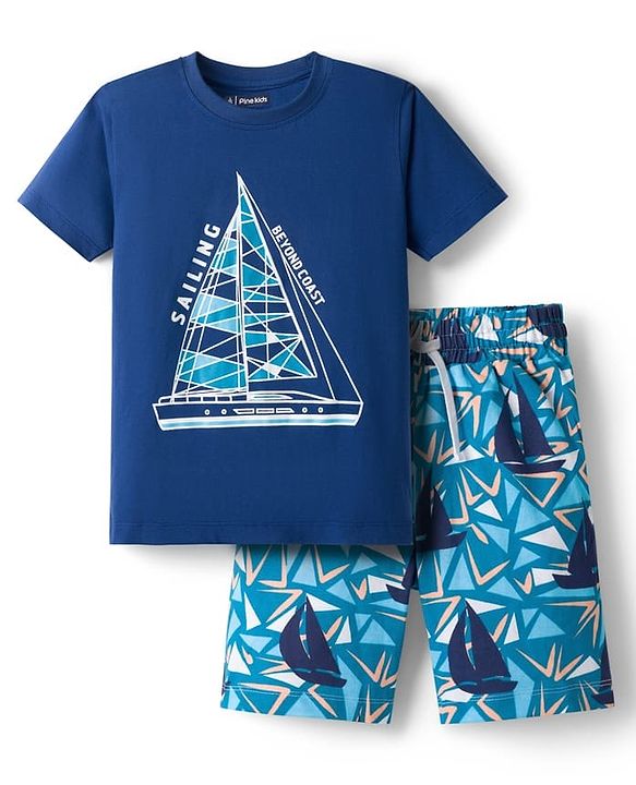 Pine Kids Single Jersey Knit Half Sleeves Shorts Night Suit With Boat Print - Blue
