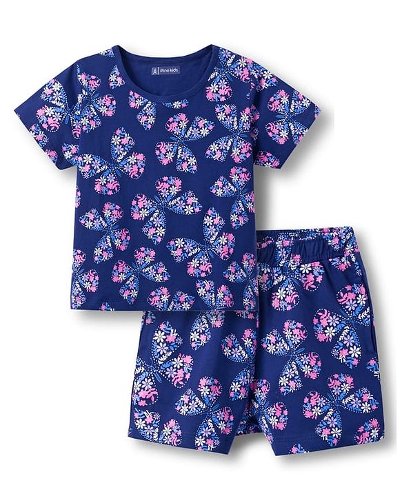 Pine Kids Single Jersey Knit Half Sleeves Co-ords Shorts Night Suit With Floral Print - Navy Blue