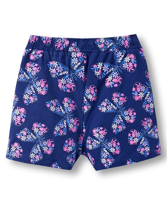 Pine Kids Single Jersey Knit Half Sleeves Co-ords Shorts Night Suit With Floral Print - Navy Blue