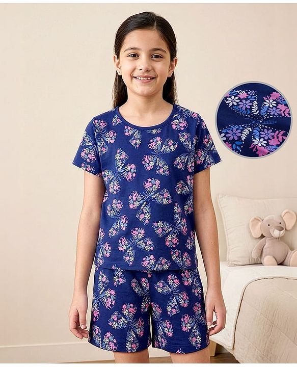 Pine Kids Single Jersey Knit Half Sleeves Co-ords Shorts Night Suit With Floral Print - Navy Blue