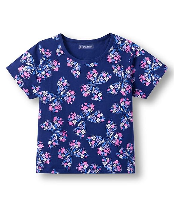 Pine Kids Single Jersey Knit Half Sleeves Co-ords Shorts Night Suit With Floral Print - Navy Blue