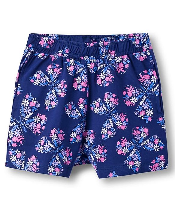 Pine Kids Single Jersey Knit Half Sleeves Co-ords Shorts Night Suit With Floral Print - Navy Blue