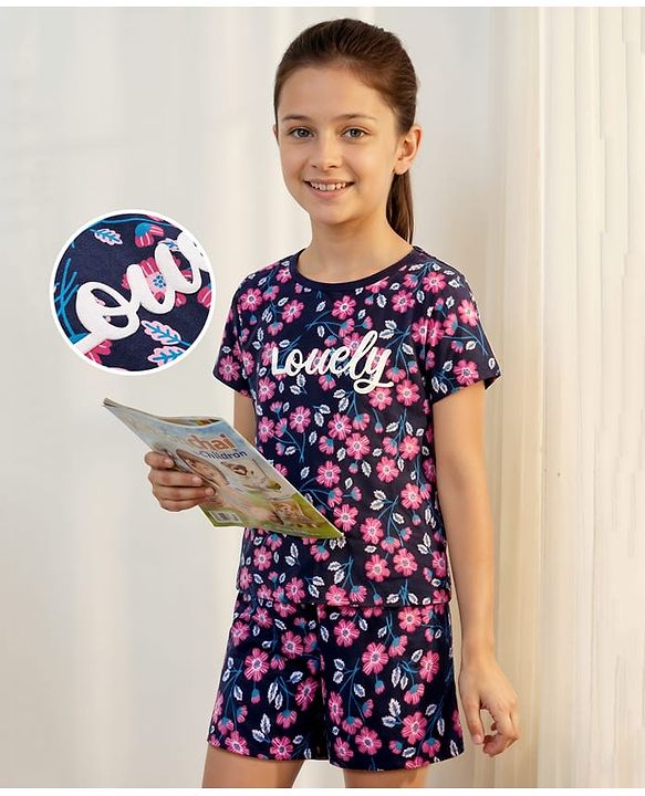 Pine Kids Single Jersey Knit Half Sleeves Shorts Co-Ord Night Suit Set With Floral Print - Navy Blue