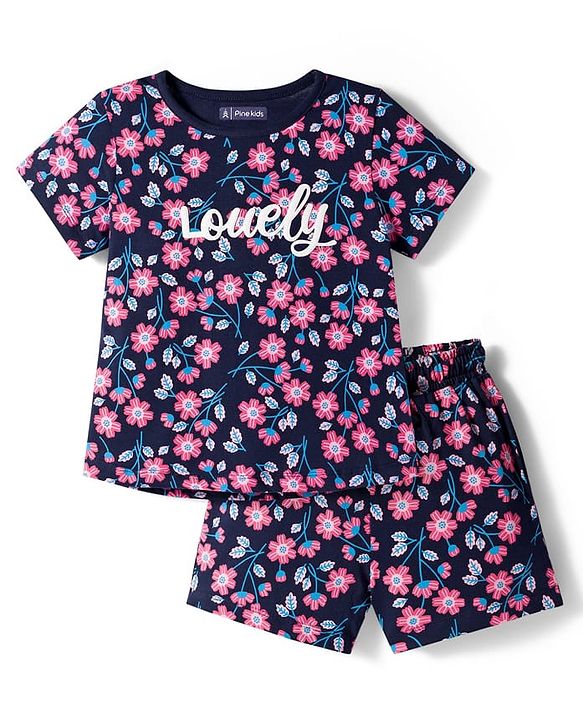 Pine Kids Single Jersey Knit Half Sleeves Shorts Co-Ord Night Suit Set With Floral Print - Navy Blue