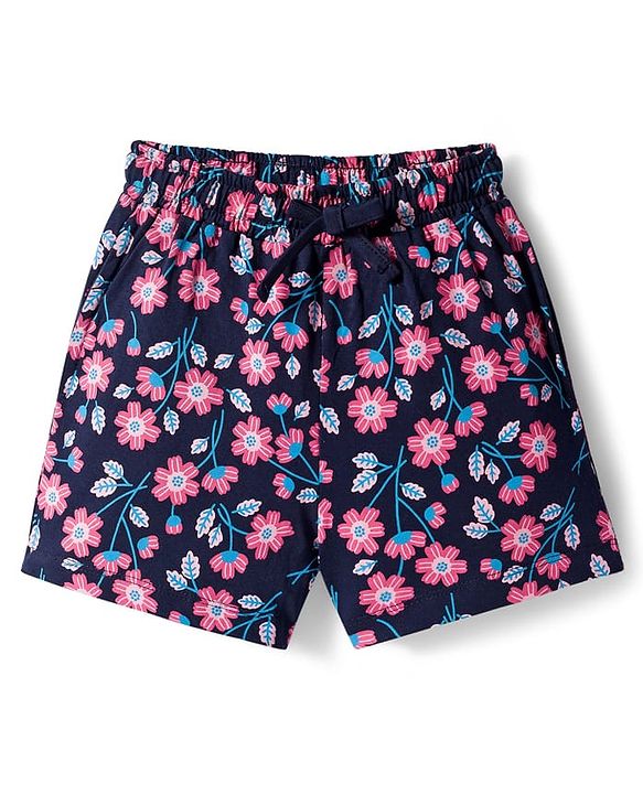 Pine Kids Single Jersey Knit Half Sleeves Shorts Co-Ord Night Suit Set With Floral Print - Navy Blue