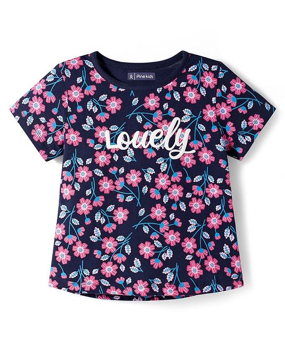 Pine Kids Single Jersey Knit Half Sleeves Shorts Co-Ord Night Suit Set With Floral Print - Navy Blue
