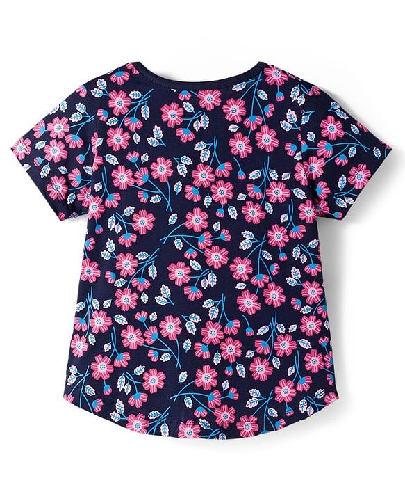 Pine Kids Single Jersey Knit Half Sleeves Shorts Co-Ord Night Suit Set With Floral Print - Navy Blue