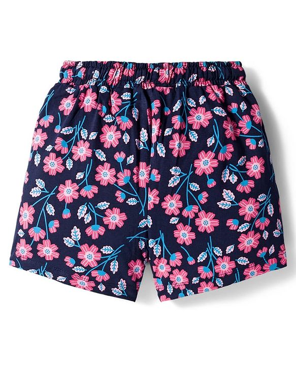 Pine Kids Single Jersey Knit Half Sleeves Shorts Co-Ord Night Suit Set With Floral Print - Navy Blue