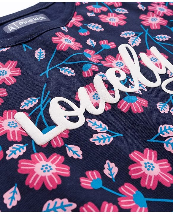 Pine Kids Single Jersey Knit Half Sleeves Shorts Co-Ord Night Suit Set With Floral Print - Navy Blue