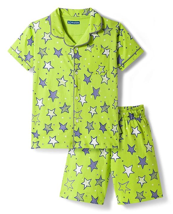 Pine Kids Single Jersey Knit Half Sleeves Shorts Night Suit With Star Print - Lime Green