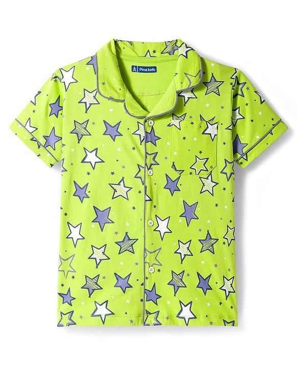 Pine Kids Single Jersey Knit Half Sleeves Shorts Night Suit With Star Print - Lime Green