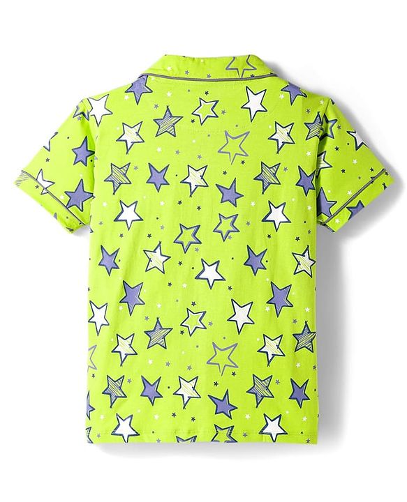 Pine Kids Single Jersey Knit Half Sleeves Shorts Night Suit With Star Print - Lime Green