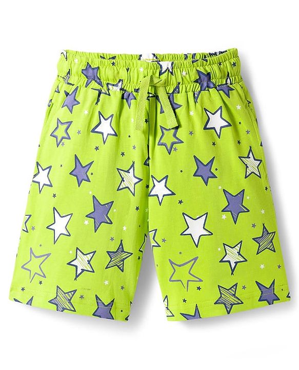 Pine Kids Single Jersey Knit Half Sleeves Shorts Night Suit With Star Print - Lime Green